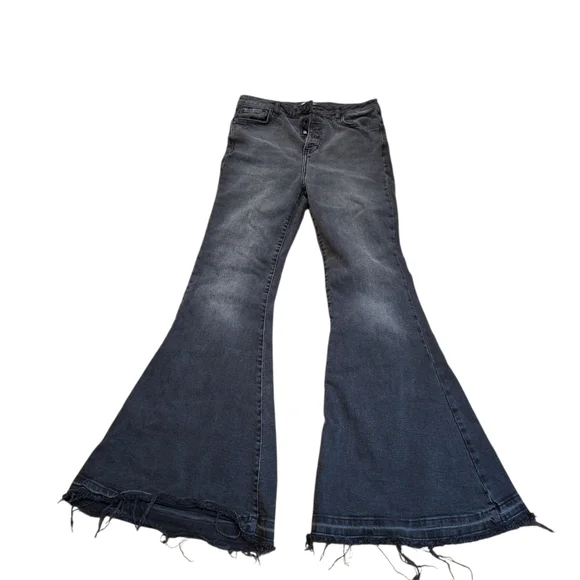 Forever 21 Dark Black Flare Jeans Ladies 31 Button Fly Hippie Bell Bottom Boho - Picture 1 of 5